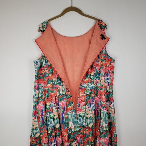 Talbots Fit & Flare Dress Orange Watercolor Sleeveless Retro Belted Size 16W - Picture 9 of 11